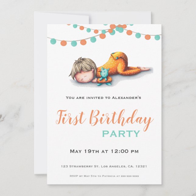 Invitación Aqua Naranja durmiendo niño Garland primer cumplea (Anverso)