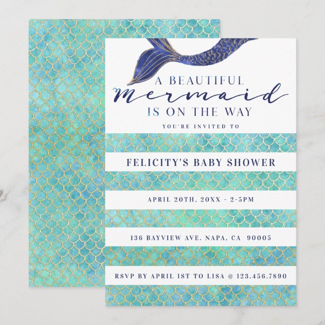 Invitación Aqua Navy Gold Mermaid Scales & Stipe Baby Shower (Anverso / Reverso)