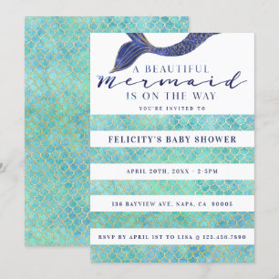 Invitación Aqua Navy Gold Mermaid Scales & Stipe Baby Shower