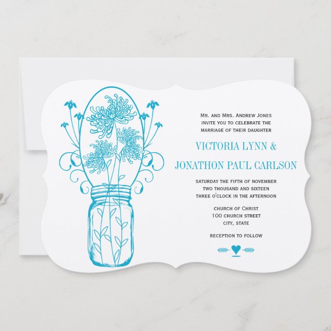 Invitación Aqua Ocean Blue Mason Jar Wild Flower Wedding (Anverso)
