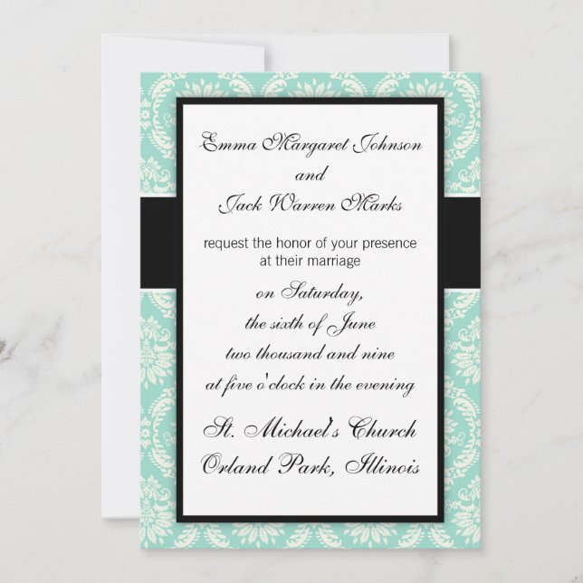 Invitación aqua pastel y damasco elegante de flor crema (Anverso)