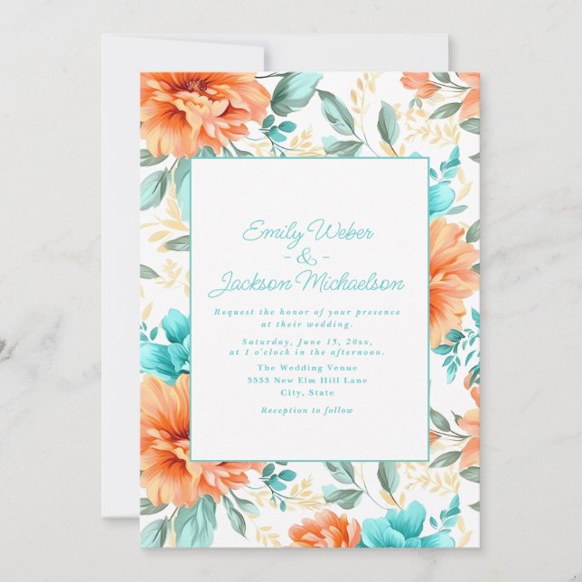 Invitación Aqua Peach Watercolor Boda Floral (Anverso)