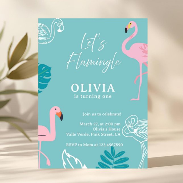 Invitación Aqua & Pink Flamingo Tropical Birthday (aqua pink birthday invitation, flamingo birthday invitation, first birthday invite, lets flamingle, )