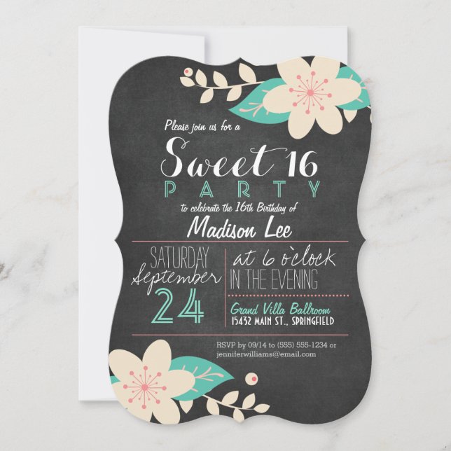 Invitación Aqua & Pink Floral Chalkboard Sweet 16 Fiesta (Anverso)