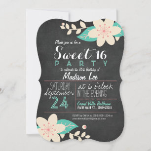 Invitación Aqua & Pink Floral Chalkboard Sweet 16 Fiesta
