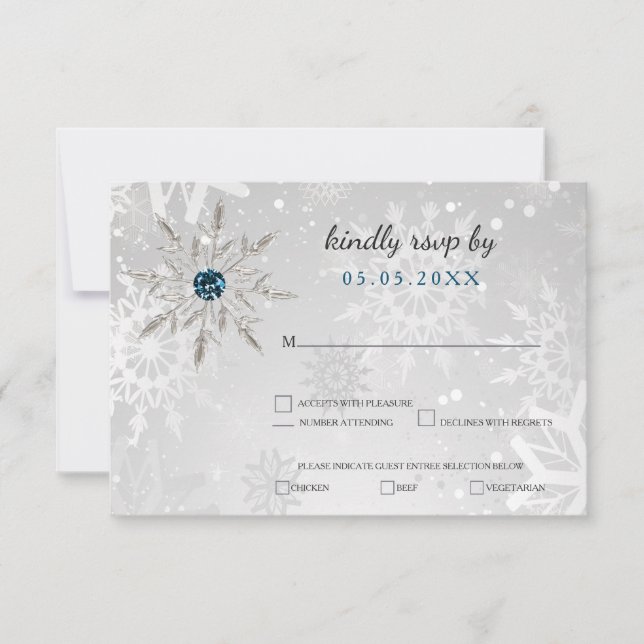 Invitación aqua plata copos de nieve rsvp boda de invierno (Anverso)