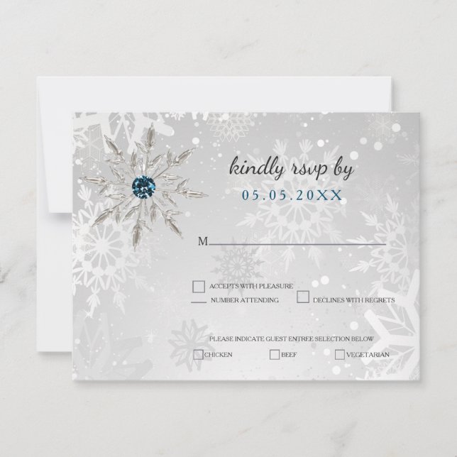 Invitación aqua plata copos de nieve rsvp boda de invierno (Anverso)