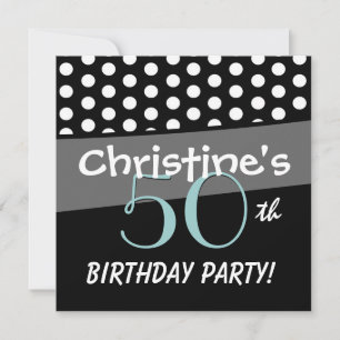 Invitación Aqua Polka blanco negro de cumpleaños número 50 pu