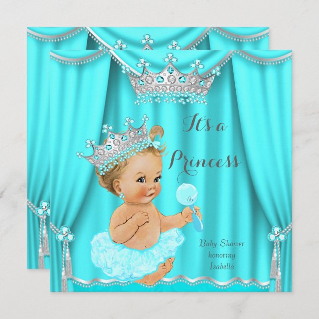 Invitación Aqua Princesa Verde azulada Baby Shower Silver Blo (Anverso / Reverso)