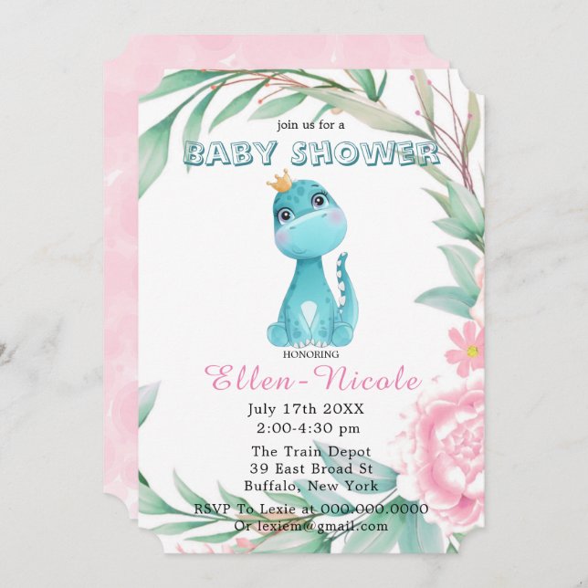 Invitación Aqua Princess Dinosaurs Peony Baby Shower invita (Anverso / Reverso)