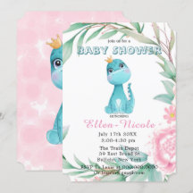 Aqua Princess Dinosaurs Peony Baby Shower invita