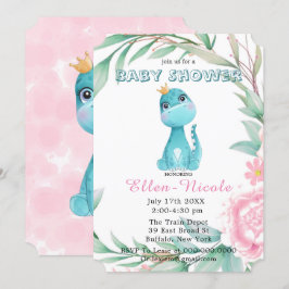 Invitación Aqua Princess Dinosaurs Peony Baby Shower invita