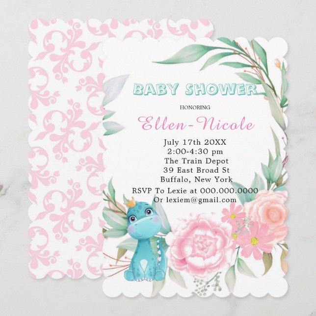 Invitación Aqua Princess Dinosaurs Peony Baby Shower invita (Anverso / Reverso)