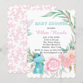 Invitación Aqua Princess Dinosaurs Peony Baby Shower invita