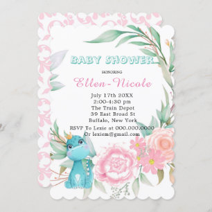 Invitación Aqua Princess Dinosaurs Peony Baby Shower invita