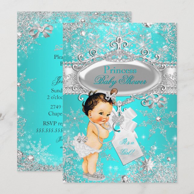 Invitación Aqua Princess Winter Wonderland Baby Shower Brown (Anverso / Reverso)