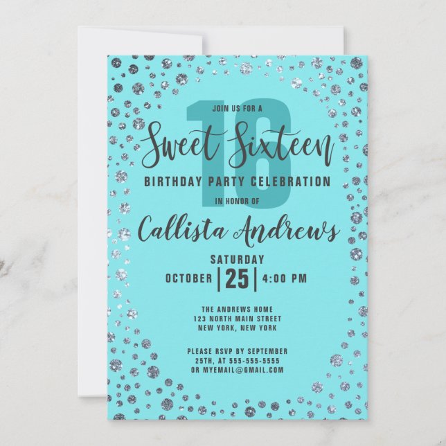 Invitación Aqua Purpurina Plata Verde azulada Confetti Border (Anverso)
