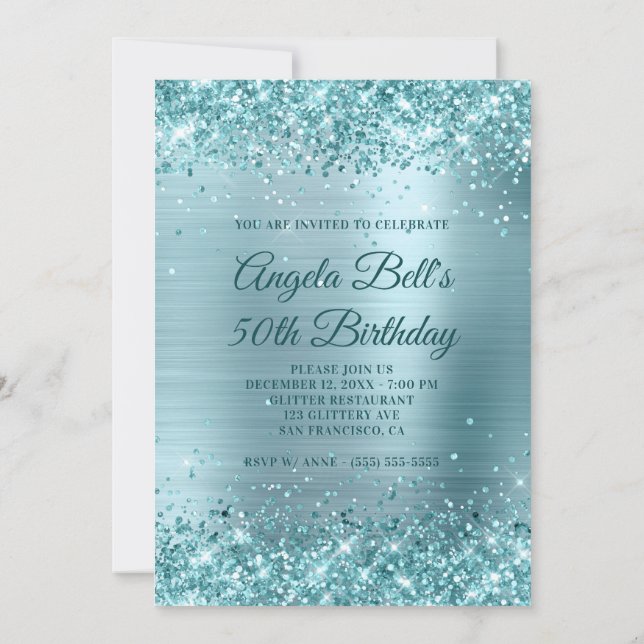 Invitación Aqua Purpurina Verde azulado Relieve metalizado az (Reverso)