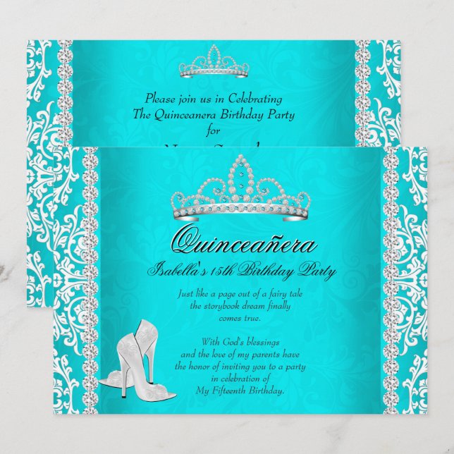 Invitación Aqua Quinceanera 15º cumpleaños Talla alta de Tiar (Anverso / Reverso)