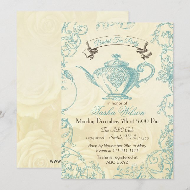 Invitación Aqua Rosas de marfil invitan a un té de novia vint (Anverso / Reverso)