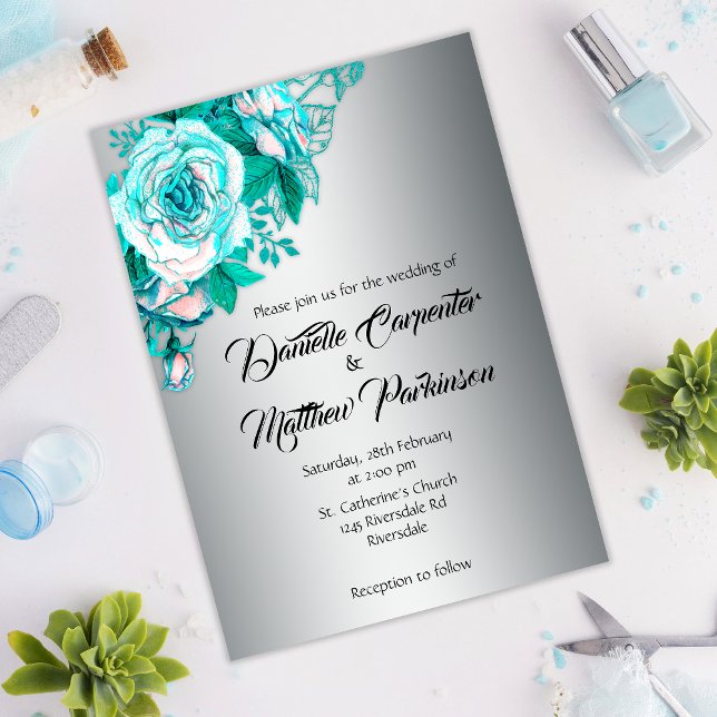 Invitación Aqua Rose Bouquet en Silver Boda (Subido por el creador)