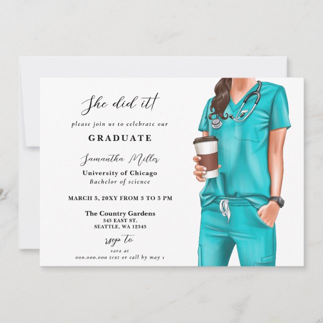 Invitación Aqua Scrubs Nurse Photo Lo Hizo Graduada (Anverso)