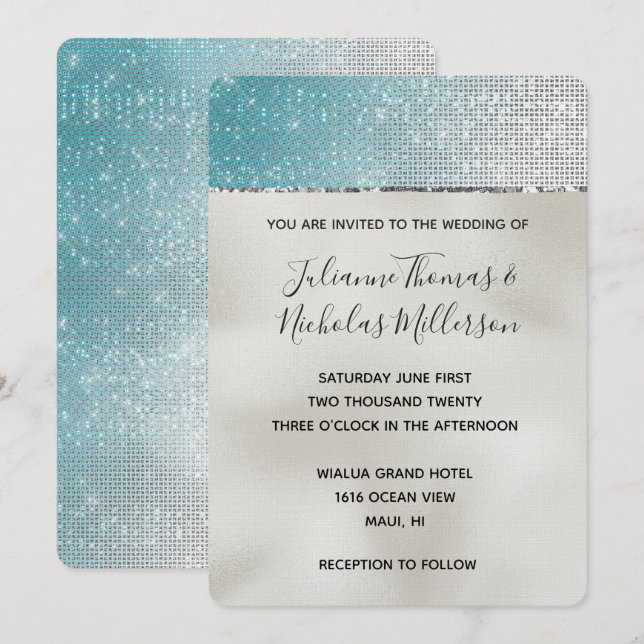 Invitación Aqua Silver Glam Glitz Pearl Boda (Anverso / Reverso)