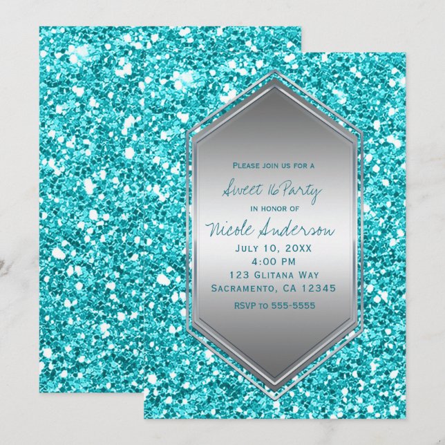 Invitación Aqua Silver Purpurina Glam Cumpleaños Party Cualqu (Anverso / Reverso)