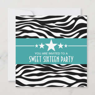 Invitación Aqua Stars Zebra Print Sweet 16 Invite