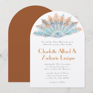 Invitación Aqua Terracotta Coral Vintage Abanico de Plumas de