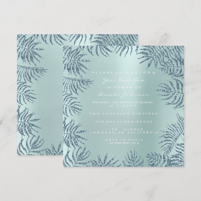 Invitación Aqua Tiffany Metal Glitter Tropic Floral Blue (Anverso / Reverso)