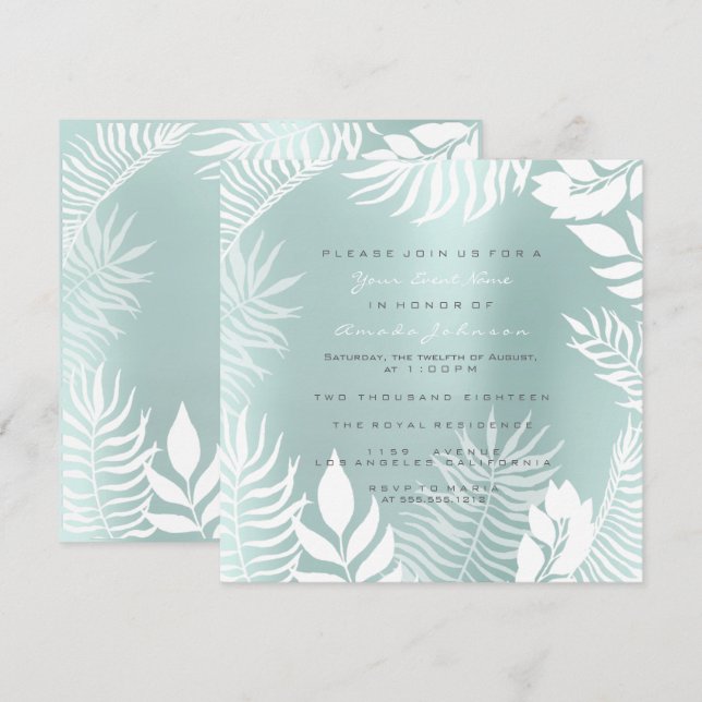Invitación Aqua Tiffany Purpurina Metalizado Tropical Azul Bl (Anverso / Reverso)