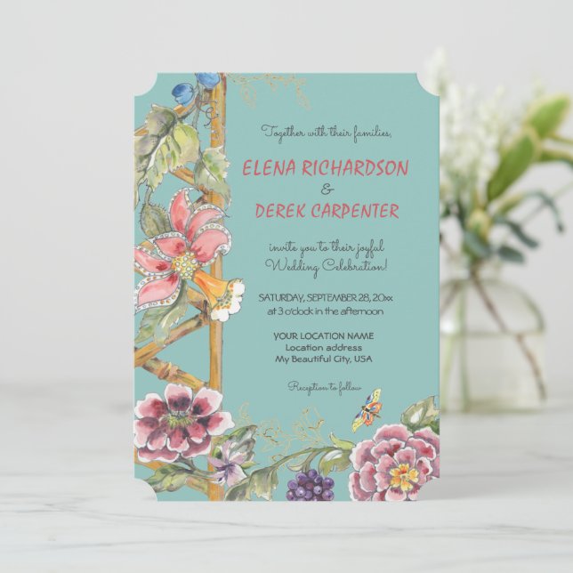 Invitación Aqua Tropical Floral Oriental Chinoiserie Boda (Anverso de pie)