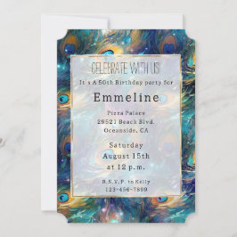 Invitación Aqua Turquoise Gold Peacock Feathers 50 cumpleaños