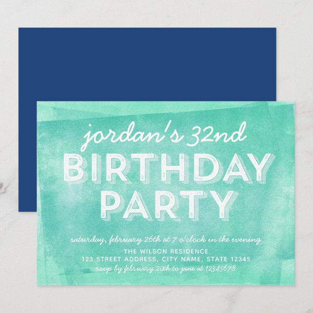 Invitación Aqua Turquoise Rolling Ink Cualquier Cumpleaños De (Anverso / Reverso)
