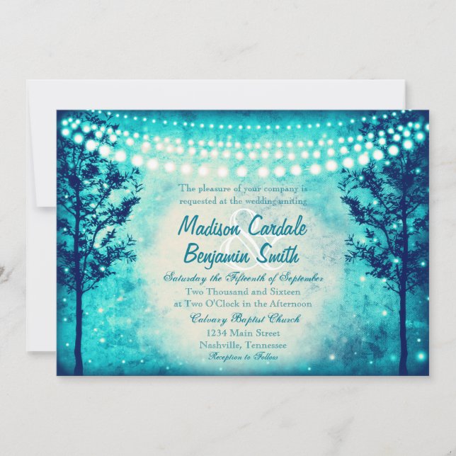 Invitación Aqua Turquoise Trees String Lights Wedds (Anverso)