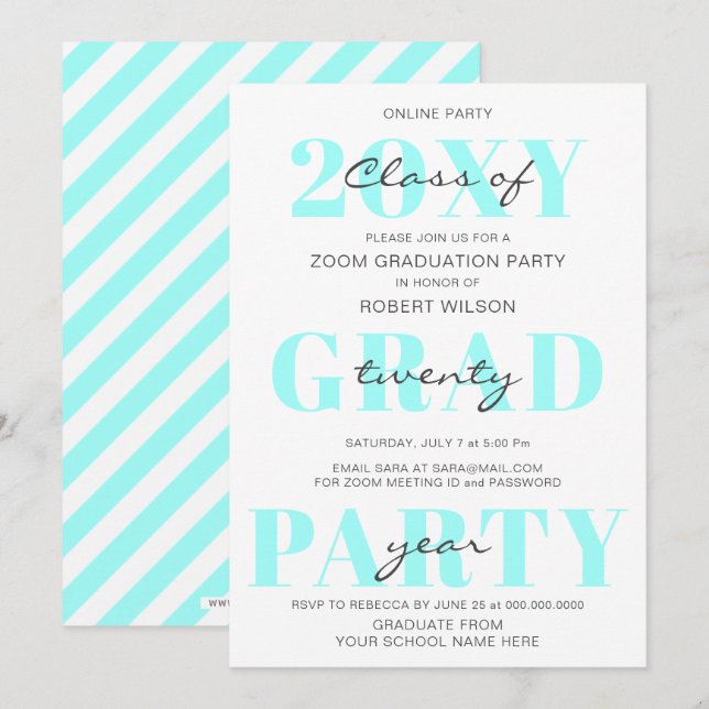 Invitación Aqua Typography Modern Online Graduation Party (Anverso / Reverso)