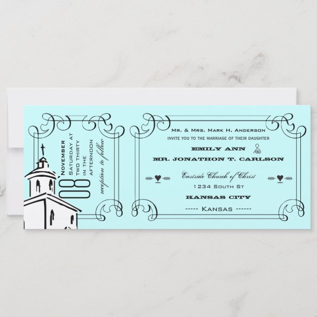 Invitación Aqua Typography Quote Chapel Boda de tickets (Anverso)