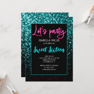 Invitación Aqua verde azulada chispas negras Sweet 16 neon le