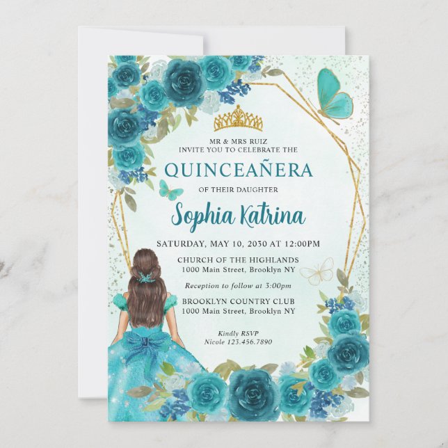 Invitación Aqua Verde azulada floral de oro verde princesa Qu (Anverso)