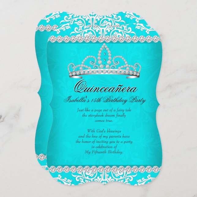 Invitación Aqua Verde azulada Quinceanera Fiesta de cumpleaño (Anverso / Reverso)