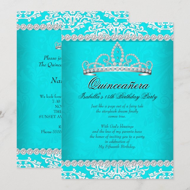 Invitación Aqua Verde azulada Quinceanera Fiesta de cumpleaño (Anverso / Reverso)