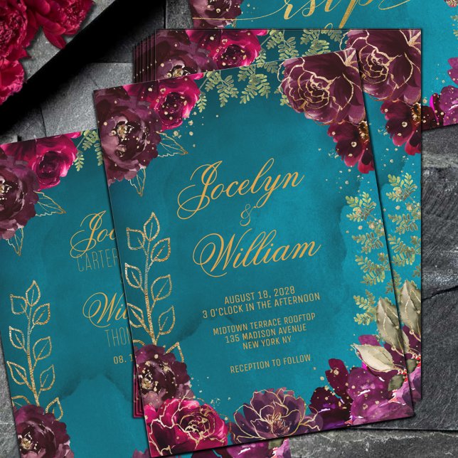 Invitación Aqua Verde azulado Merlot Jewel Tone Gold Boda (Aqua Teal Merlot Gold Jewel Tone Wedding Invitation)