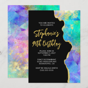 Invitación Aqua Verde Multi Fuego Ópalo Oro Glam 90 Cumpleaño