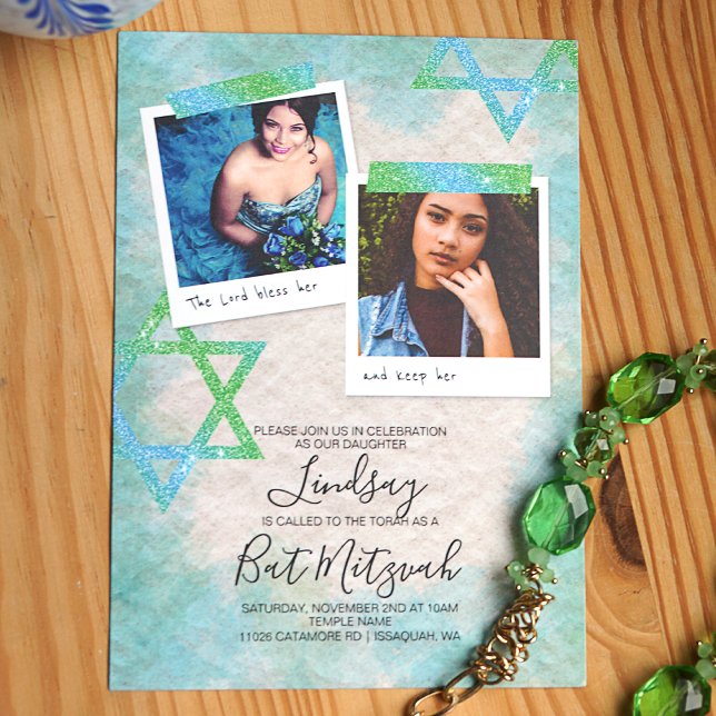 Invitación Aqua, verde, Purpurinas estrellas invitan a Mitzva (Blue, turquoise, and green glitter bat mitzvah invitation with photos & star of david)