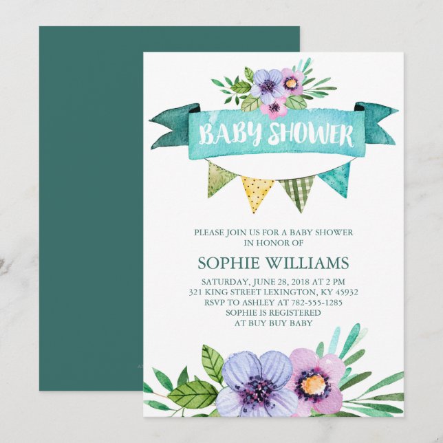 Invitación Aqua Watercolor Floral Baby Shower (Anverso / Reverso)