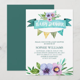 Invitación Aqua Watercolor Floral Baby Shower