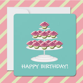 Invitación Aqua White And Pink Cupakes Tower Feliz Cumpleaños