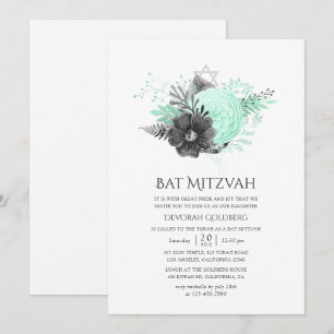 Invitación Aqua y Carbón Floral Rústico Bat Mitzvah