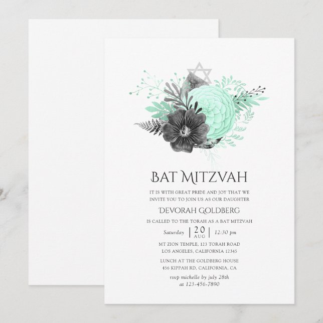 Invitación Aqua y Charcoal Floral Rustic Bat Mitzvah (Anverso / Reverso)